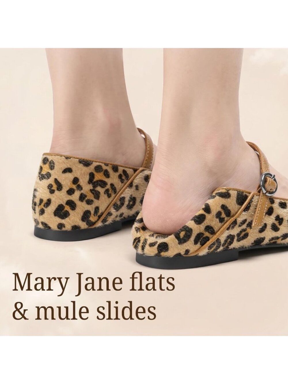 Women's Leopard Mary Jane Non Slip Work Ballet Flats Square Closed Toe Shoes - Picture 3 of 6